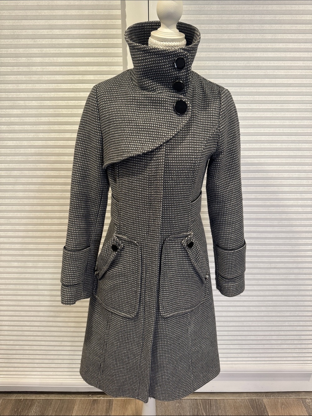 Vintage Soia & Kyo Gray Textured High-Collar Trench Coat